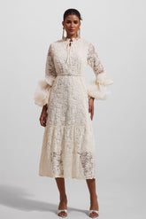 Solid Lace 3D Floral Midi Dress With Faux Pearl Belt